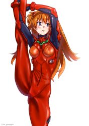 Rule 34 | 1girl, alternate breast size, artist request, bare legs, blue eyes, bodysuit, breasts, flexible, hair ornament, highres, interface headset, leg lift, leg up, lips, long hair, looking to the side, medium breasts, neon genesis evangelion, plugsuit, shiny clothes, simple background, solo, souryuu asuka langley, split, standing, standing on one leg, two side up, white background