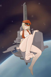 Rule 34 | 1girl, blonde hair, eve online, feet, gallente federation (eve online), giant, giantess, hat, highres, military, military uniform, planet, space station, spacecraft, tagme, uniform