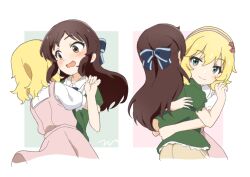 Rule 34 | 2girls, aayh, blonde hair, blue bow, blush, bow, brown eyes, brown hair, brown skirt, closed mouth, collared shirt, commentary request, dress, green shirt, hair bow, hairband, hug, idolmaster, idolmaster cinderella girls, idolmaster cinderella girls u149, long hair, multiple girls, open mouth, pink dress, pink hairband, puffy short sleeves, puffy sleeves, sakurai momoka, shirt, short sleeves, signature, skirt, sleeveless, sleeveless dress, smile, tachibana arisu, very long hair, wavy mouth, white shirt, yuri