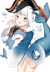 Rule 34 | 1girl, :d, absurdres, black hat, bloop (gawr gura), blue eyes, blue hair, blue hoodie, blunt bangs, blush, bubble, claw pose, commentary, cowboy shot, fins, fish tail, gawr gura, hair ornament, hand up, hat, highres, holding, hololive, hololive english, hood, hoodie, leaning forward, long hair, long sleeves, looking at viewer, multicolored hair, open mouth, pirate hat, shark hair ornament, shark tail, sharp teeth, simple background, smile, solo, streaked hair, tail, teeth, virtual youtuber, white background, white hair, yukineko1018