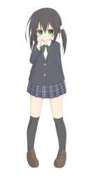 Rule 34 | 1girl, absurdres, black hair, black jacket, black skirt, black thighhighs, blazer, blush, bow, brown footwear, closed mouth, collared shirt, dress shirt, full body, green bow, green eyes, hair between eyes, hand up, highres, index finger raised, jacket, loafers, long hair, long sleeves, looking at viewer, original, over-kneehighs, plaid, plaid bow, plaid skirt, pleated skirt, ri-net, school uniform, shirt, shoes, simple background, skirt, smile, solo, thighhighs, twintails, white background, white shirt