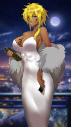 1girl absurdres artist_request bag bare_shoulders bleach blonde_hair breast_tattoo breasts city cityscape cleavage collarbone colored_eyelashes dark-skinned_female dark_skin dress facial_mark female_focus green_eyes handbag highres holding large_breasts looking_at_viewer night night_sky number_tattoo numbered short_hair sidelocks sky solo tattoo tier_harribel white_dress