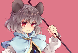 Rule 34 | 1girl, animal ears, black dress, blue capelet, capelet, closed mouth, commentary request, dowsing rod, dress, grey hair, holding rod, jewelry, looking at viewer, mouse ears, nazrin, pendant, pink background, puffy sleeves, red eyes, ring, short hair, simple background, smile, solo, tomobe kinuko, touhou, upper body, white sleeves