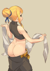 Rule 34 | 1girl, agrias oaks, ass, bare shoulders, blonde hair, brown eyes, clothes pull, crop top, dancer, dancer (fft), fgz, final fantasy, final fantasy tactics, from behind, hair bun, hair ribbon, highres, looking away, pants, pants pull, ribbon, shawl, sidelocks, simple background, single hair bun, sleeveless, solo, standing, turtleneck