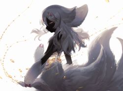 Rule 34 | 1girl, animal ears, body fur, claws, coin, coin on string, cowboy shot, dark-skinned female, dark skin, exposed bone, extra arms, faputa, from behind, hair between eyes, half-closed eyes, highres, looking at viewer, looking back, made in abyss, medium hair, monster girl, multiple tails, orange eyes, ribs, senme79897444, simple background, solo, sparkle, standing, tail, white background, white fur, white hair