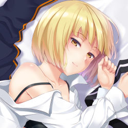 Rule 34 | 1girl, bed sheet, blonde hair, blunt bangs, blush, bob cut, body blush, bra strap, brown eyes, character request, closed mouth, collarbone, dress, half-closed eyes, huyumitsu, lips, long sleeves, looking at viewer, lying, off shoulder, on side, open clothes, open shirt, shirt, short hair, single bare shoulder, smile, solo, strapless, strapless dress, upper body, white shirt, world trigger
