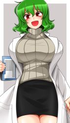 Rule 34 | 1girl, :d, bad id, bad pixiv id, blush, breasts, clipboard, coat, female focus, green hair, grey background, holding, huge breasts, kazami yuuka, lab coat, large breasts, miniskirt, open clothes, open coat, open mouth, pencil skirt, red eyes, short hair, simple background, skirt, smile, solo, sweater, touhou, unadare