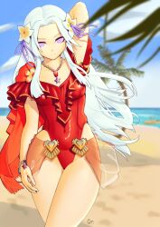 Rule 34 | 1girl, absurdres, arm behind head, beach, blue sky, blurry, blurry background, breasts, closed mouth, cloud, commentary, covered navel, edelgard von hresvelg, edelgard von hresvelg (summer), english commentary, feet out of frame, fire emblem, fire emblem: three houses, fire emblem heroes, flower, frills, ghostypaint, hair flower, hair ornament, highres, horizon, jewelry, leotard, long hair, medium breasts, necklace, nintendo, official alternate costume, palm tree, purple eyes, red leotard, sky, solo, standing, tree, white hair