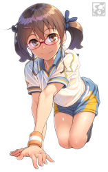 Rule 34 | 1girl, brown hair, commentary request, glasses, gym uniform, hair ornament, hairclip, looking at viewer, original, pairan, red-framed eyewear, short sleeves, shorts, simple background, smile, solo, white background