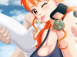 Rule 34 | 1boy, 2girls, after anal, after vaginal, aftersex, artist request, breasts, carrot (one piece), cleavage, cum, cum in ass, cum in pussy, gaping, large breasts, long hair, multiple girls, nami (one piece), nude, one piece, orange hair, rabbit, smile, tail, tattoo