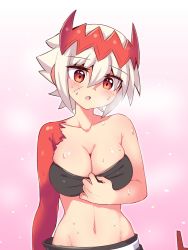 Rule 34 | 1girl, blush, breasts, cleavage, cleavage reach, cougar (cougar1404), dragon: marked for death, empress (dmfd), large breasts, navel, red eyes, scar, solo, sweat, white hair