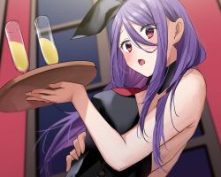 Rule 34 | 1girl, black leotard, blurry, blurry background, blush, breasts, chigusa minori, commentary request, detached collar, glass, hair between eyes, highres, holding, holding tray, indoors, large breasts, leotard, long hair, looking at viewer, necktie, open mouth, original, playboy bunny, purple hair, red eyes, red necktie, sidelocks, solo, tray, upper body