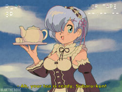 Rule 34 | 10s, 1990s (style), 1girl, :d, anime coloring, apron, arm up, artist name, black bow, black dress, blue eyes, blue hair, blue sky, bluethebone, bow, breasts, cleavage, cloud, cloudy sky, commentary, corset, day, detached collar, detached sleeves, dress, english text, fake screenshot, flower, hair flower, hair ornament, hair over one eye, hair ribbon, hairband, hairclip, holding, holding tray, lolita hairband, maid, maid apron, medium breasts, open mouth, outdoors, purple ribbon, re:zero kara hajimeru isekai seikatsu, recording, rem (re:zero), retro artstyle, ribbon, ribbon-trimmed collar, ribbon trim, short hair, sky, smile, solo, standing, subtitled, teapot, tray, vhs artifacts, white bow, wide sleeves, x hair ornament