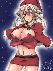 Rule 34 | 10s, 1girl, bell, neck bell, breast hold, breasts, brown hair, christmas, collar, crossed arms, dark skin, dark-skinned female, elis 120%, glasses, kantai collection, large breasts, looking at viewer, microskirt, musashi (kancolle), navel, pink eyes, pointy hair, santa costume, skirt, smile, snow, solo