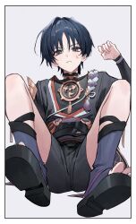 Rule 34 | 1boy, absurdres, anger vein, bishounen, genshin impact, hand up, highres, japanese clothes, jewelry, looking at viewer, male focus, necklace, purple eyes, purple hair, sandals, scaramouche (genshin impact), short hair, shorts, simple background, socks, solo, spread legs, toria (toriaa 27), white background