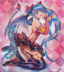 Rule 34 | 1girl, ahoge, artist name, ass, blue hair, boots, checkered background, demon girl, demon tail, demon wings, detached sleeves, fang, fang out, green eyes, halloween, hatsune miku, heart, heart hunter, kneeling, long hair, marker (medium), mayo riyo, open mouth, pointy ears, project diva, project diva (series), skirt, solo, tail, thigh boots, thighhighs, traditional media, twintails, vampire, very long hair, vocaloid, wings