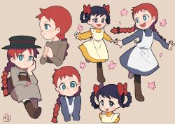 Rule 34 | 2girls, anne of green gables, anne shirley, apron, black hair, diana barry, freckles, miyata (lhr), multiple girls, red hair, twintails