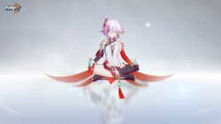 Rule 34 | 1girl, bare shoulders, boots, china dress, chinese clothes, closed eyes, closed mouth, copyright name, dress, elbow gloves, fu hua, fu hua (phoenix), full body, gloves, gradient hair, hair between eyes, hair ornament, hands on own knees, highres, honkai (series), honkai impact 3rd, indian style, logo, long hair, meditation, multicolored hair, official art, red hair, second-party source, simple background, single thigh boot, single thighhigh, sitting, solo, tassel, thigh boots, thighhighs, white hair
