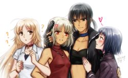 Rule 34 | 428, 4girls, ?, ahoge, alphard (canaan), black eyes, black gloves, black hair, black jacket, blonde hair, blue choker, blue hair, breasts, brown eyes, canaan (character), canaan (series), choker, cleavage, clenched teeth, closed mouth, collarbone, collared shirt, fingerless gloves, floating hair, gloves, gun, handgun, holding, holding gun, holding weapon, jacket, jewelry, kay-i, liang qi, locked arms, long hair, multiple girls, necklace, oosawa maria, open clothes, open jacket, open mouth, purple jacket, red eyes, red shirt, shirt, short hair, short sleeves, silver hair, simple background, sleeveless, sleeveless shirt, small breasts, smile, smug, sweatdrop, teeth, upper body, very long hair, watch, weapon, white background, white shirt, wing collar, wristwatch