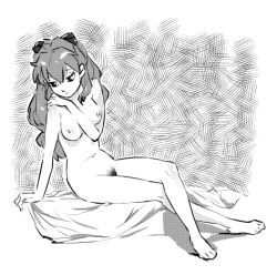Rule 34 | 1girl, arm support, barefoot, breasts, completely nude, female pubic hair, greyscale, hair ornament, hand on own shoulder, lowres, monochrome, navel, neon genesis evangelion, nipples, nude, petitcarreau, pubic hair, sitting, solo, souryuu asuka langley
