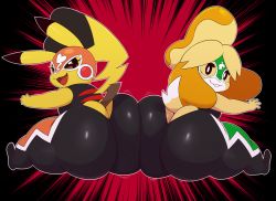 Rule 34 | 2girls, :3, absurdres, alternate costume, animal crossing, animal ears, ass, ass-to-ass, bare shoulders, black eyes, black leggings, blonde hair, blush stickers, brown eyes, buck teeth, butt crack, clothed pokemon, cosplay pikachu, creatures (company), dog ears, dog girl, dog tail, eric lowery, female focus, from behind, full body, furry, furry female, game freak, gen 1 pokemon, happy, highres, huge ass, isabelle (animal crossing), leggings, looking at viewer, looking back, luchador mask, mask, multiple girls, nintendo, open mouth, outline, pikachu, pikachu libre, pokemon, pokemon (creature), red background, shiny clothes, short hair, simple background, skindentation, sleeveless, smile, super smash bros., tail, teeth, thick thighs, thighs, topknot, two-tone background, white outline