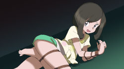 Rule 34 | 1girl, :d, absurdres, barefoot, bdsm, bondage, bound, brown hair, chimu xingcheng, commentary request, creatures (company), eyelashes, floral print, game freak, green shorts, grey eyes, highres, looking at viewer, lying, nervous smile, nintendo, on side, open mouth, pokemon, pokemon sm, selene (pokemon), shibari, shirt, short shorts, short sleeves, shorts, smile, solo, tied shirt, toes, tongue, undershirt, yellow shirt