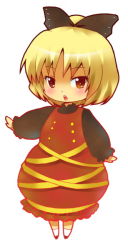 Rule 34 | 1girl, :o, blush, bow, buttons, chibi, dress, female focus, hair bow, kurodani yamame, long sleeves, michii yuuki, parted lips, red dress, red eyes, shaded face, short hair, simple background, solo, touhou, white background