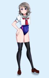 Rule 34 | 1girl, aliasing, black thighhighs, blue background, blue eyes, blue one-piece swimsuit, brown footwear, competition swimsuit, contrapposto, covered navel, full body, gradient background, grey hair, grey sailor collar, hand on own hip, highres, igarashi kyouhei, loafers, looking at viewer, love live!, love live! sunshine!!, neckerchief, no pants, one-piece swimsuit, red neckerchief, sailor collar, school uniform, shoes, short hair, solo, standing, swimsuit, swimsuit under clothes, thighhighs, uranohoshi school uniform, watanabe you