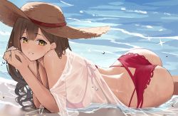Rule 34 | 1girl, ass, bare shoulders, bikini, blush, breast press, breasts, brown hair, brown hat, commentary request, day, gin00, hat, idolmaster, idolmaster shiny colors, kuwayama chiyuki, large breasts, long hair, looking at viewer, lying, off shoulder, on stomach, outdoors, own hands together, parted lips, pink bikini, see-through, see-through shirt, shallow water, shirt, short sleeves, sideboob, solo, sparkle, sun hat, swimsuit, swimsuit cover-up, water, wet, wet clothes, wet shirt, white shirt, yellow eyes
