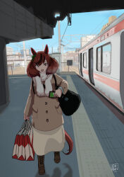 Rule 34 | 1girl, :d, animal ears, bag, blue sky, boots, bow, breath, brown coat, brown eyes, brown hair, building, city, coat, cross-laced footwear, day, ear covers, ear ribbon, green ribbon, holding, holding bag, horse ears, horse girl, horse tail, long skirt, long sleeves, looking at viewer, medium hair, mihama machi, multicolored hair, nice nature (umamusume), open mouth, overhead line, railroad tracks, ribbon, scarf, shade, shopping bag, short twintails, shoulder bag, signature, skirt, sky, smile, solo, streaked hair, swept bangs, tactile paving, tail, train, train station platform, twintails, umamusume, white scarf, white skirt, winter clothes, winter coat