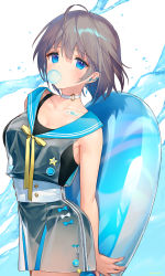 Rule 34 | 1girl, ahoge, ainy, artist name, bare arms, bare shoulders, black one-piece swimsuit, blue eyes, blue sailor collar, blush, breasts, blowing bubbles, choker, collarbone, commentary request, cowboy shot, dress, grey hair, hair between eyes, highres, holding, innertube, looking at viewer, medium breasts, one-piece swimsuit, original, ribbon, sailor collar, see-through, short dress, short hair, solo, standing, star (symbol), swim ring, swimsuit, swimsuit under clothes, twitter username, white background, white choker, yellow ribbon