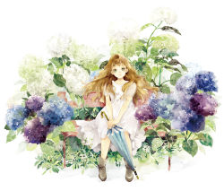Rule 34 | 1girl, ankle boots, bad id, bad pixiv id, bench, blue umbrella, boots, brown eyes, brown hair, closed umbrella, commentary request, dress, flower, grass, grey footwear, holding, holding umbrella, hydrangea, light smile, long hair, looking at viewer, niwa haruki, on bench, original, own hands together, short sleeves, simple background, sitting, solo, sundress, umbrella, white background, white dress