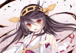 Rule 34 | 10s, 1girl, :o, black hair, blush, commentary request, detached sleeves, haruna (kancolle), headgear, highres, kantai collection, long hair, looking at viewer, nontraditional miko, red eyes, ribbon-trimmed sleeves, ribbon trim, solo, tenmu shinryuusai, upper body, white background