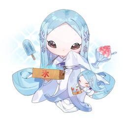 Rule 34 | 2girls, animal nose, artist request, black eyes, blue bag, blue hair, blush, blush stickers, chibi, closed eyes, crossover, fairy (girls&#039; frontline), food, full body, girls&#039; frontline, hair ornament, hand on own face, holding, ice cream bar, japanese clothes, jashin-chan dropkick, kimono, kouji (jashin-chan dropkick), light blue hair, long hair, looking at viewer, merchant, multiple girls, no mouth, official art, shaved ice, simple background, sitting, sleeves past wrists, snowflake hair ornament, solid eyes, sparkle, sparkling eyes, third-party source, transparent background, very long hair, white kimono