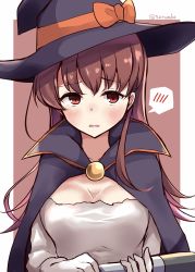 Rule 34 | 1girl, black cape, black hat, blouse, breasts, brown eyes, brown hair, cape, cleavage, commentary request, hat, highres, kantai collection, long hair, looking at viewer, medium breasts, one-hour drawing challenge, ooi (kancolle), shirt, solo, soramuko, torpdeo, upper body, white shirt, witch hat