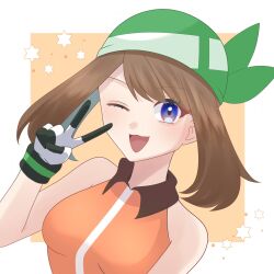 Rule 34 | 1girl, bandana, bare arms, bare shoulders, blue eyes, blush, border, breasts, brown hair, close-up, collared dress, creatures (company), dress, game freak, gloves, green bandana, highres, looking at viewer, may (pokemon), medium breasts, nintendo, one eye closed, open mouth, orange dress, out of frame, outside border, pokemon, pokemon emerald, pokemon rse, simple background, sleeveless, smile, solo, star (symbol), upper body, v, white border, x napii