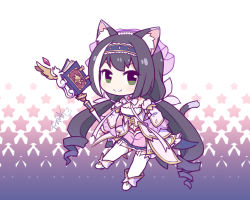 Rule 34 | &gt;:), 1girl, animal ear fluff, animal ears, bare shoulders, black hair, blue hairband, book, cat ears, cat girl, cat tail, chibi, closed mouth, detached sleeves, frilled skirt, frills, green eyes, hairband, holding, holding staff, karyl (princess) (princess connect!), karyl (princess connect!), langbazi, long hair, long sleeves, looking at viewer, pink skirt, princess connect!, ringlets, skirt, smile, solo, split mouth, staff, star (symbol), starry background, strapless, tail, twintails, v-shaped eyebrows, very long hair, white background, white sleeves, wide sleeves