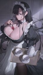Rule 34 | 1girl, apron, between breasts, black dress, black eyes, black hair, breasts, cleavage, cup, door, dress, expressionless, free style (yohan1754), frills, highres, holding, holding tray, indoors, large breasts, long hair, looking at viewer, maid, maid apron, maid headdress, original, pantyhose, potion, teacup, teapot, tray, waist apron, white apron