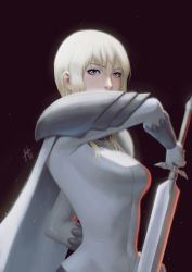 Rule 34 | 1girl, absurdres, armor, artist name, blonde hair, blue eyes, bodysuit, cape, carlo montie, claymore (series), claymore (sword), flora (claymore), highres, looking at viewer, solo, star (symbol), sword, weapon