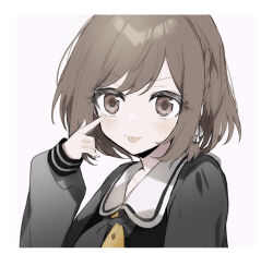 Rule 34 | 1girl, akanbe, black shirt, bow, braid, brown eyes, brown hair, eyelid pull, framed, long sleeves, looking at viewer, neckerchief, project sekai, puffy long sleeves, puffy sleeves, qi7pi, school uniform, serafuku, shinonome ena, shirt, short hair, sidelocks, simple background, solo, tongue, tongue out, two-tone neckerchief, upper body, white background, white bow