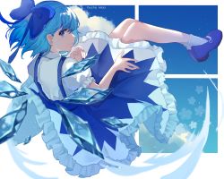Rule 34 | 1girl, absurdres, artist name, blue bow, blue dress, blue eyes, blue footwear, blue hair, bow, cirno, closed mouth, commentary, dress, floating, frilled dress, frills, from behind, full body, hair bow, highres, ice, ice wings, looking at viewer, looking back, mary janes, miaoling (miaoling 33zenobia), pinafore dress, puffy short sleeves, puffy sleeves, shirt, shoes, short hair, short sleeves, sleeveless dress, smile, socks, solo, touhou, white shirt, white socks, wings
