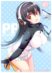 Rule 34 | 10s, 1girl, 2017, :d, arched back, black hair, blush, boots, breasts, brown eyes, character name, dated, gentoo penguin (kemono friends), group name, hair between eyes, hand up, headphones, hood, hoodie, kemono friends, knee boots, large breasts, legs together, long hair, looking at viewer, miniskirt, nishimura eri, open mouth, polka dot, polka dot background, signature, skirt, smile, solo, speech bubble, thighs, twitter username, very long hair, white skirt, yellow footwear