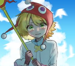 Rule 34 | 1girl, amitie (puyopuyo), blonde hair, blue sky, blush, crying, crying with eyes open, green eyes, highres, holding, holding staff, looking at viewer, puyo sapy, puyopuyo, red amitie, red headwear, short hair, sky, solo, staff, tears