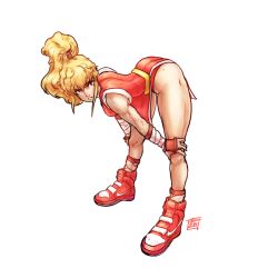 Rule 34 | 1girl, ankle wrap, arm wrap, bent over, blonde hair, breasts, brown eyes, capcom, capcom vs snk 2, commentary, english commentary, final fight, full body, genryuusai maki, hands on own knees, high ponytail, high tops, highres, long hair, narrow waist, nike (company), ninja, nishimura kinu (style), official style, panties, pelvic curtain, red footwear, red panties, shoes, sleepyttea, sneakers, solo, street fighter, thick thighs, thighs, toned, underwear, white background
