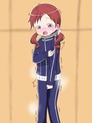 Rule 34 | 1girl, blue jacket, blue pants, blush, brown eyes, clenched hand, crying, embarrassed, female focus, fizu, flat chest, gochuumon wa usagi desu ka?, hand up, have to pee, jacket, long hair, long sleeves, looking down, natsu megumi, nose blush, open mouth, orange background, pants, peeing, peeing self, red hair, scrunchie, simple background, solo, standing, steam, tears, trembling, twintails, wet, wet clothes