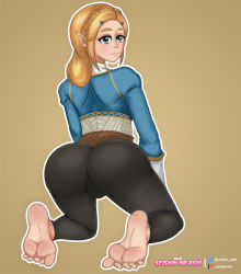 Rule 34 | 1girl, ass, barefoot, blonde hair, blue shirt, blush, feet, from behind, green eyes, huge ass, kneeling, long hair, looking at viewer, looking back, nintendo, pants, pointy ears, princess zelda, seishin no ashi, shirt, smile, soles, solo, the legend of zelda, the legend of zelda: breath of the wild, toes
