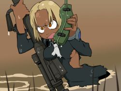 Rule 34 | 00s, 1girl, angry, blonde hair, breast rest, breasts, brown eyes, dark skin, dark-skinned female, flcl, gun, highres, kitsurubami, military, military uniform, necktie, open mouth, phone, radio, rifle, short hair, sniper rifle, solo, torn clothes, underboob, uniform, vector trace, wallpaper, water, weapon, wet