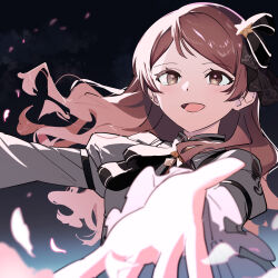 Rule 34 | 1girl, black background, black ribbon, blurry, blurry foreground, bow, breasts, brown eyes, brown hair, dot nose, dress, falling petals, floating hair, grey dress, hair bow, hair ornament, hair ribbon, idolmaster, idolmaster million live!, idolmaster million live! theater days, kitazawa shiho, light blush, long hair, long sleeves, looking at viewer, medium breasts, open hand, open mouth, outstretched arms, petals, proud of stage (idolmaster), puffy long sleeves, puffy sleeves, reaching, reaching towards viewer, ribbon, shirop imas, simple background, smile, solo, star (symbol), star hair ornament, upper body