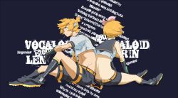 Rule 34 | 1boy, 1girl, back, back-to-back, blonde hair, brother and sister, kagamine len, kagamine rin, nansui kinoko, short hair, shorts, siblings, sitting, twins, vocaloid