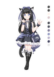 Rule 34 | + +, 1girl, :o, absurdres, animal ear fluff, animal ears, bare shoulders, bell, black hair, blue eyes, blush, book, boots, bow, cat ears, cat tail, collar, color guide, dress, female focus, frills, gothic lolita, hair bow, highres, lolita fashion, long hair, neck bell, neko kizuna, open mouth, original, palette (object), pointing, simple background, solo, standing, strap, tachi-e, tail, thigh boots, thighhighs